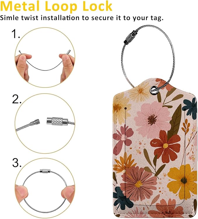 Creative Vintage Floral 3 Pack Luggage Tags, PU Leather Luggage Tags for Suitcase,Name ID Labels with Privacy Cover Suitcases and Metal Loop for Travel Bag Suitcase