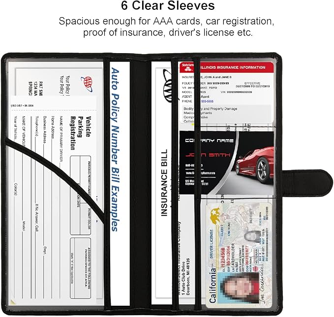 Car Registration and Insurance Holder, Leather Magnetic Shut Vehicle Glove Box Organizer for Document, Card, Driver License, Black