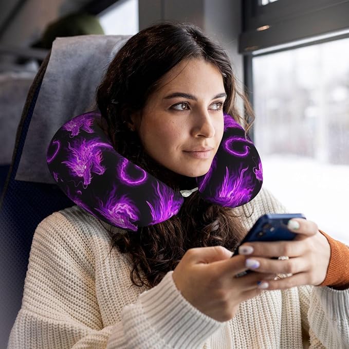 Neck Pillows for Travel Purple Fire Dragon Art, Women and Men Airplane Car Pillow, Neck Support U Shaped Pillow for Rest Pain Relief Sleeping