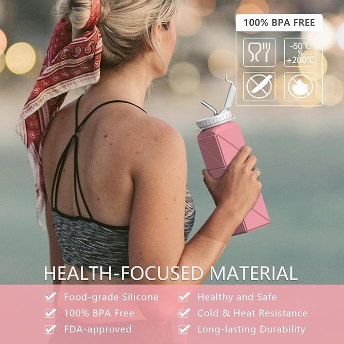 Collapsible Water Bottles with Straw 20.6oz, Silicone Foldable Portable Water Bottle, BPA-Free, Leakproof Reusable for Travel Camping Hiking Cycling Yoga Sports, 1 Pack (Pink)