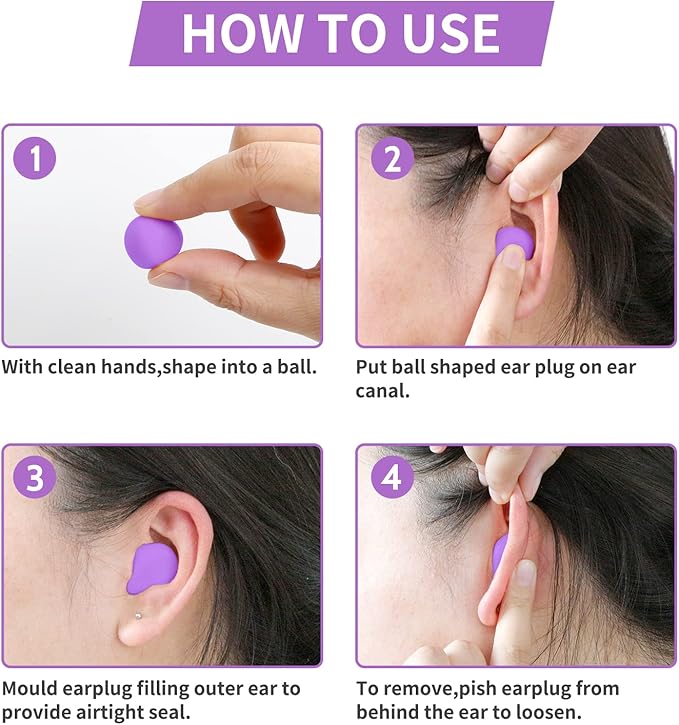 LYSIAN Moldable Soft Silicone Earplugs, 5 Pairs, 27dB SNR Noise Cancelling Ear Plugs for Sleeping, Working,Swimming, Shower (Purple)
