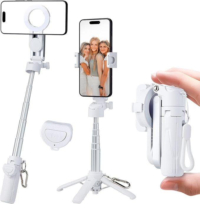 Magnetic Tripod for Phone,2 in 1 for Magsafe Stand＆ Clip Portable Pocket Size Selfie Stick for Android/iPhone,Phone Holder with Wireless Rechargeable Remote Control for Photography, Live Streaming