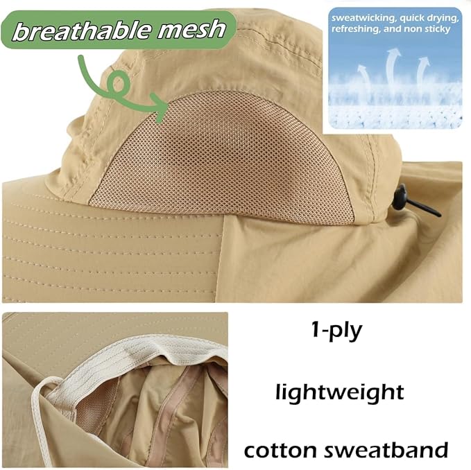 LLmoway Wide Brim Sun Hat with Neck Flap for Men Women Summer Outdoor UV Protection Breathable Fishing Hats with Strap