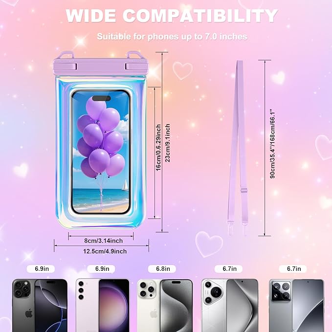 Waterproof Phone Pouch Floating, IP68 Case, Glitter Purple | for iPhone 16/Galaxy S24 | Up to 7.0'' | with Adjustable Lanyard | Dry Bag Beach Essentials | 1 Pack