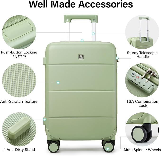 Hanke 24 Inch Checked Luggage with Spinner Wheels Hard Shell Suitcases Lightweight Travel TSA Luggage for Women Men Medium Suitcase(Bamboo Green)