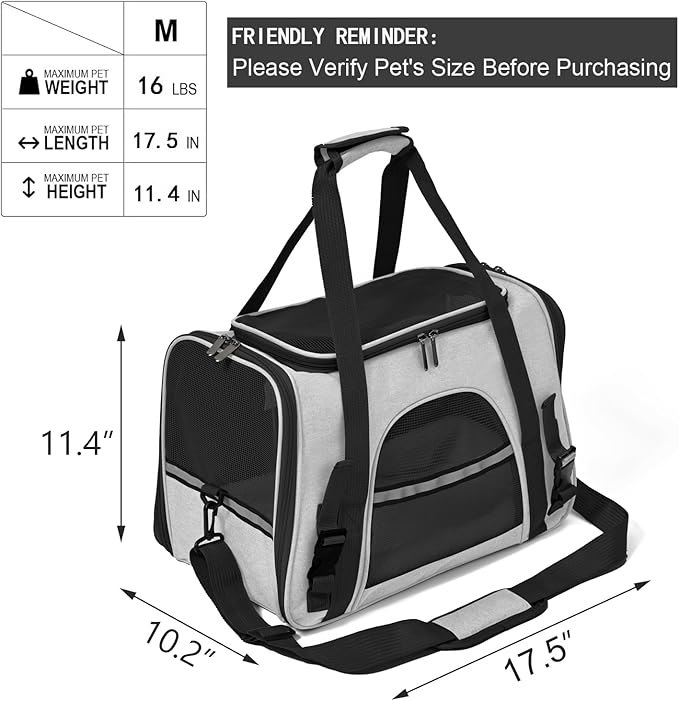 Dog Cat Carrier Soft for Small Pet Up to 16 Lbs TSA Airline Approved Travel Carrier Collapsible Puppy Car Mesh Bag 17.5 * 10.2 * 11.4 inch - Grey & Black