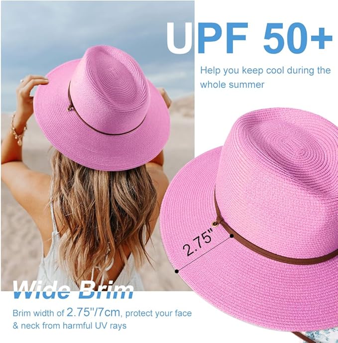 DRESHOW Women Straw Panama Hat Travel Fedora Beach Sun Hat Summer Wide Brim Straw Roll up Hat UPF 50+