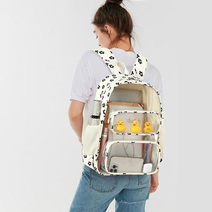 CAMTOP Clear Backpack Heavy Duty Transparent Bag See Through BookBag for Student School Work Festival Sport Travel (Beige Balck Flower)