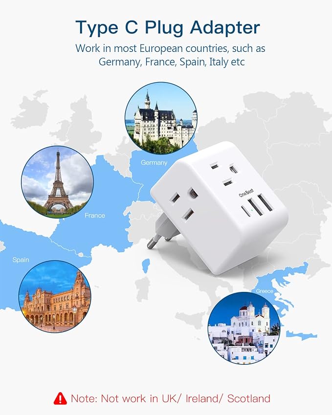 1 Pack European Travel Plug Adapter, Italy Spain Power Plug Adapter with 3 Outlets 3 USB Charging Ports(1 USB C), Type C Plug Adapter Travel Essentials to Most Europe EU Spain Italy France Germany