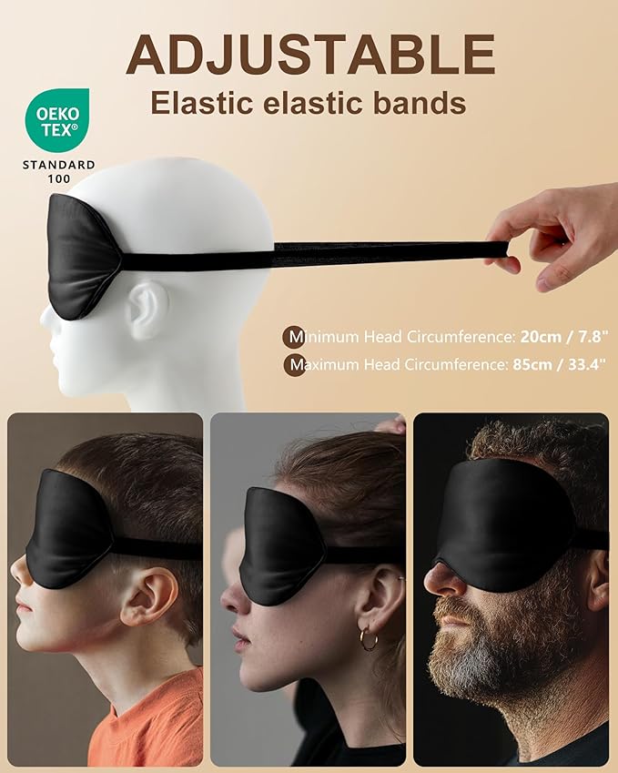 Silk Sleep Mask for Women and Men - Soft Breathable Organic Natural Mulberry Silk Fabric Blackout Eye Mask with Adjustable Straps No Pressure Eye Mask for Travel Essentials Gifts (Black)
