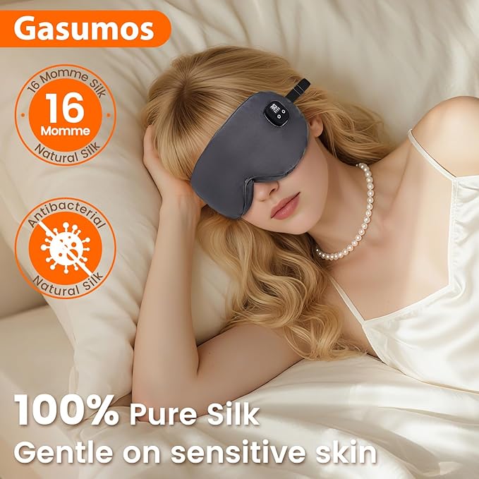 Silk Heated Eye Mask, Cordless Warmer Compress for Dry Eyes, 4-Level Temperature & Time Settings, Rechargeable & Washable, Gifts for Family Friends (Grey)