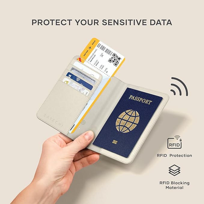 Satechi Passport Holder for Travel with Find My, Passport Cover with 4 Card Holder, Wireless Charging, and RFID protection – Travel Essential Vegan Leather Passport– Sand