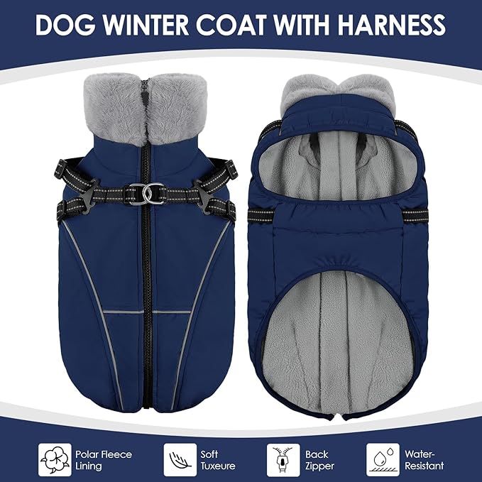 AOFITEE Large Dog Coat, Waterproof Dog Jacket Winter with Harness Built in, Warm Fleece Pet Puffer Jacket with Zipper, Cold Weather Coats for Dogs, Reflective Pet Snowsuit, Great Dane, Blue XXXL