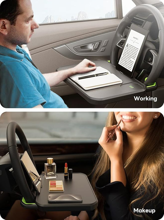 SAIJI Car Steering Wheel Desk with Retractable Slot, Car Food Tray with Anti-Scratch Silicone Steering Wheel Slot, Car Table Tray for Eating with Cup Holder, Multifunctional Travel Car Accessories