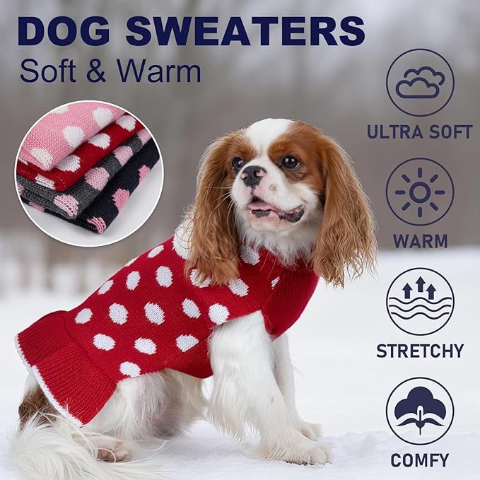 KYEESE Dog Sweater Dress with Leash Hole Polka Dot Turtleneck for Girl Dogs Sweaters Red Knit Pullover with Pom Pom Ball