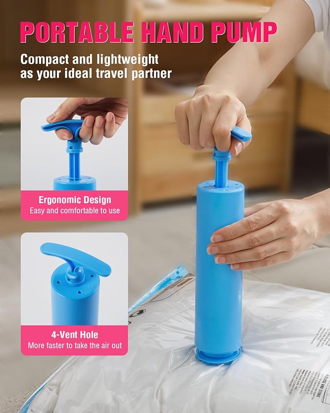 Travel Vacuum Storage Bags with Hand Pump, 8 Pack (4S+4XS) Vacuum Seal Bag Travel Essentials Space Saving Bags for Clothes, Luggage, Carry-on Suitcase, Backpack, Holiday Business Trip