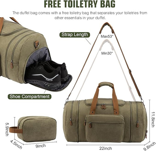 Sucipi Canvas Travel Duffel Bag for Men, Weekend Overnight Bag with Shoe Compartment and Toiletry Bag, Carry-On for Airplanes, Army green