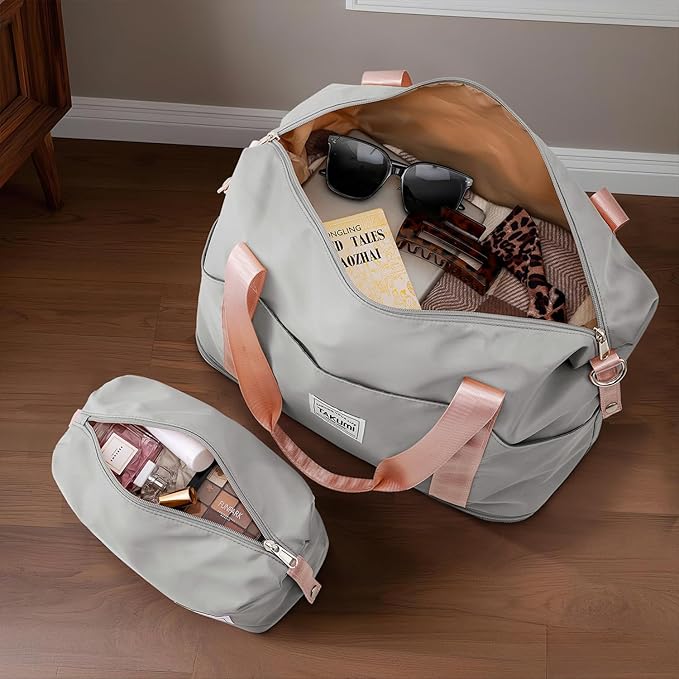 TAKUMI Carry On Luggage Set 3 Piece ABS+PC Hardshell Suitcases with Duffel Bag Double Spinner Wheels Travel Luggage with TSA Lock Lightweight Suitcase Set(GREY PINK, 3 PIECE SET(20/DB/TB))