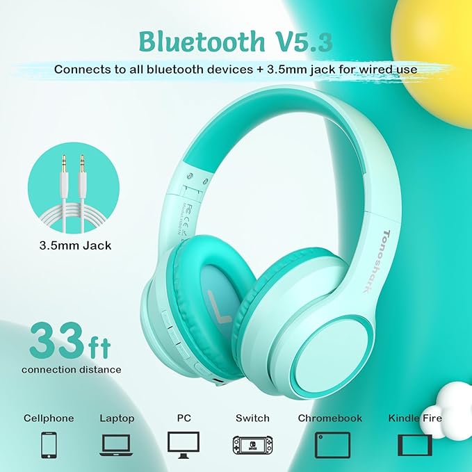 Kids Bluetooth Headphones with Active Noise Cancelling, Wireless Over-Ear Headphones for Boys Girls, Foldable, Adjustable, Safe Volume, 40H Playtime, Mic for School Travel (Mint Green)