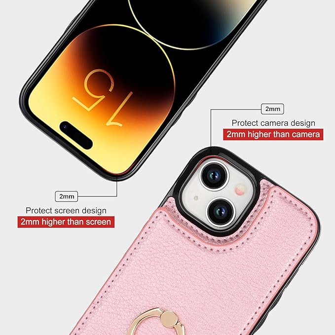 Folosu Compatible with iPhone 15 Case Wallet with Card Holder, 360°Rotation Finger Ring Holder Kickstand, RFID Blocking Leather Protective Double Buttons Shockproof Cover 6.1 Inch Rose Gold