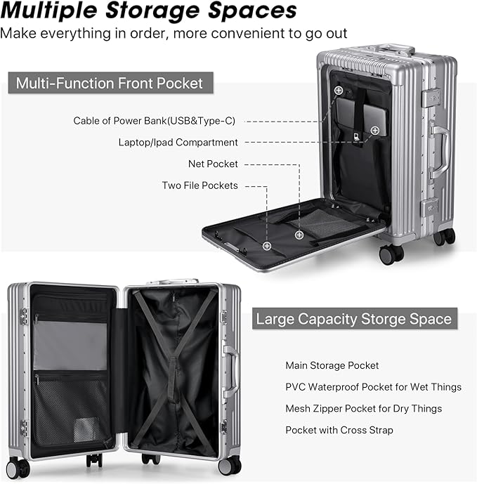 MRPLUM Front Pocket Carry On Luggage,PC Hardside Spinner Wheel Suitcase with TSA Lock,Cup Holder,Phone Holder&USB Charging Port,Silver(1 Piece)