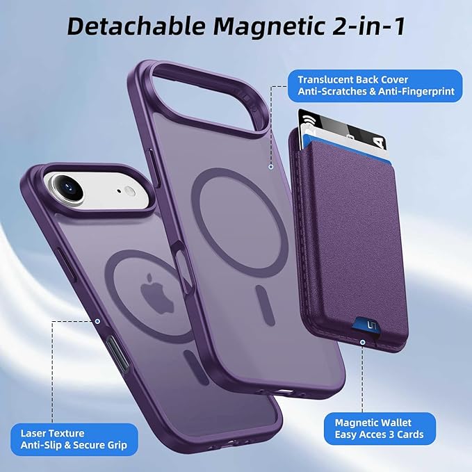 Ntwinro Magnetic for iPhone Air Case (Compatible with MagSafe) with Detachable Wallet & Card Holder for 3 Cards [RFID Blocking] Military Grade Protective Slim Phone Cover for 17 Air 2025, Purple