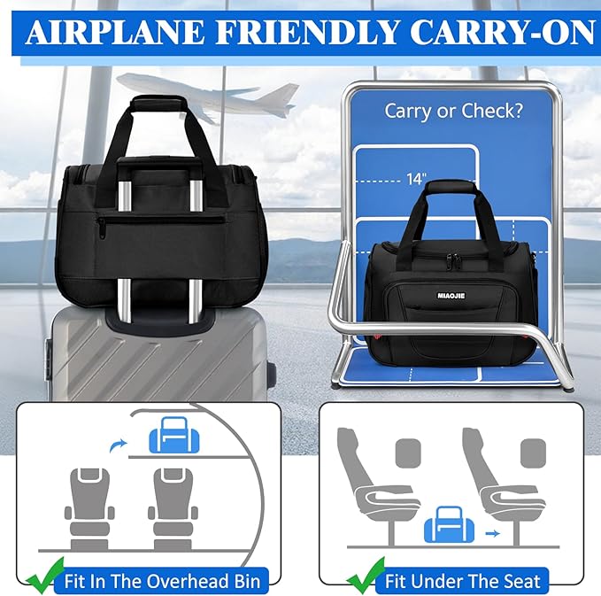 Underseat Carry On luggage Bag Airplanes Personal Item Bags Weekender Overnight Travel Tote Bag Shoulder Small Softside Carry on Luggage Travel Duffel Bags For Men Women -16 IN Black
