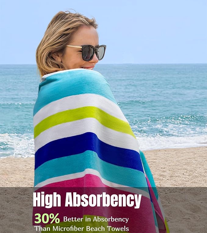 cabanana Large Beach Towel Oversized - Cotton Velour 35 x 70 Inch Rainbow Striped Terry Pool Towel, Cabana Soft Swimming Towel for Adults Women Men (Rainbow Pink)