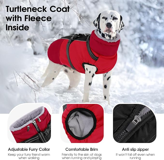SUNFURA Dog Coat, Warm Dog Jacket with Harness Built in, Waterproof Pet Winter Coat Snowsuit with Zipper, Reflective Fleece Jacket for Extra Large Dogs, Weimaraner, Red XXL