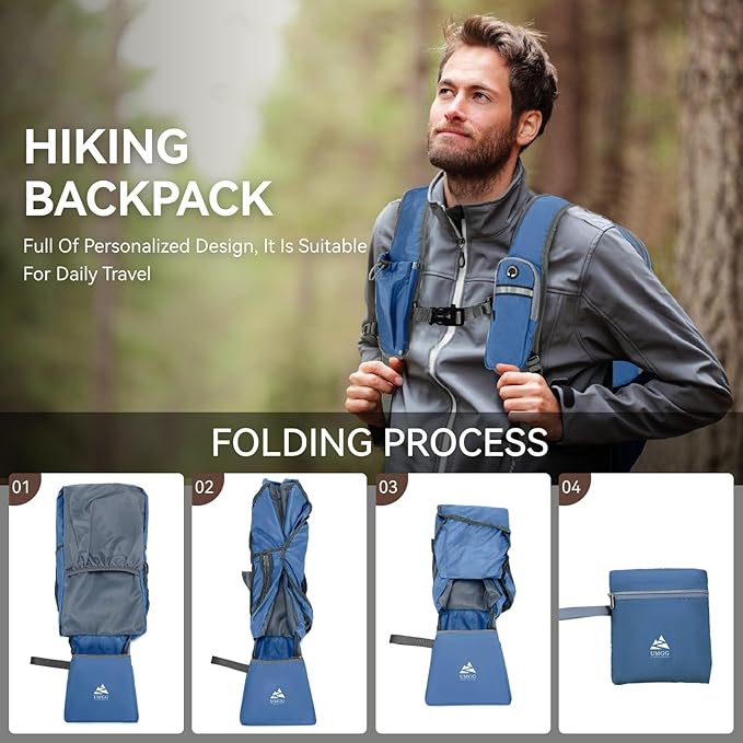 15L Small Hiking Backpack for Men Women Lightweight Packable Backpack Foldable Casual Daypack for Camping Travel Outdoor, Dark Blue