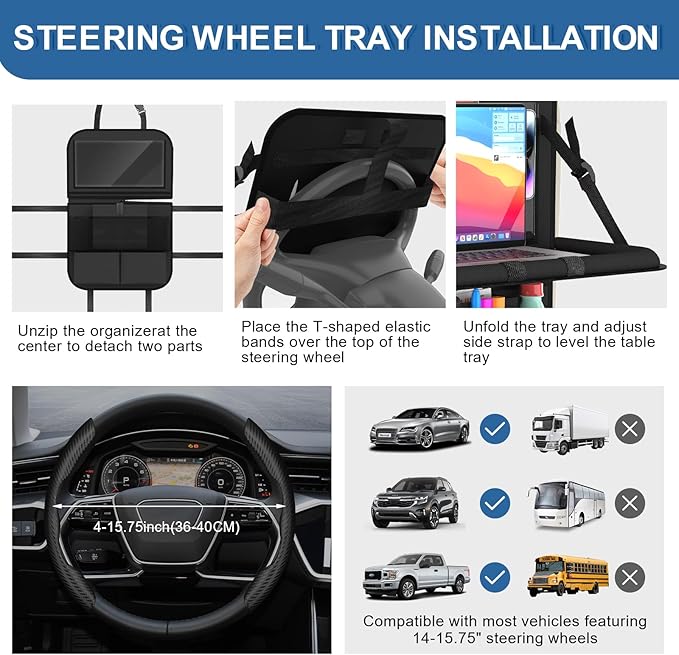 Car Backseat Organizer with Detachable Steering Wheel Tray, 11-Pockets Storage & Tablet Holder, Kids Kick Mats Protector - Travel Accessories (1-Pack)
