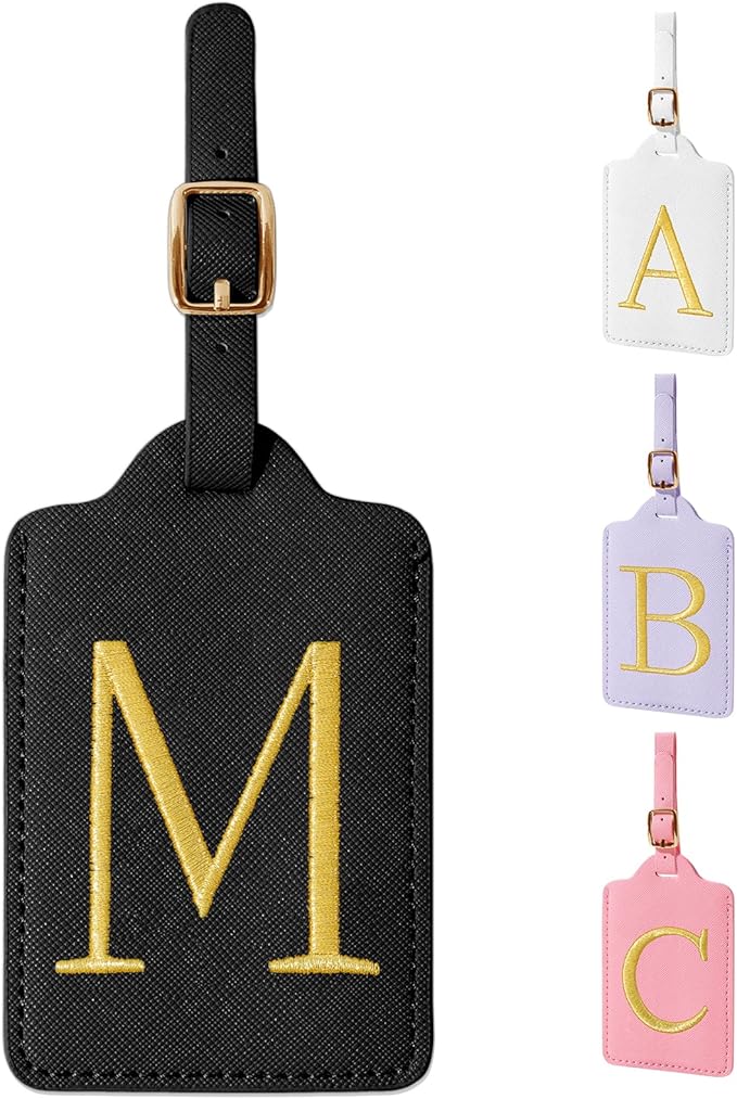 Personalized Initial Luggage Tags for Suitcase TSA Approved, Black Leather Cute Luggage Tag with Privacy Cover Name Card, Embroidered Custom Luggage Tags Travel Backpack Tags Gifts for Women Kids(M)