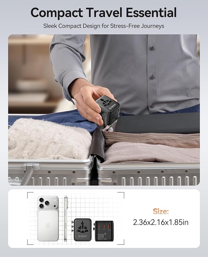 ORICO Universal Travel Adapter with 2 AC 2 USB-C and 1 USB-A Socket, PD 20W International Power Adapter, Worldwide Travel Essentials Wall Charger for USA EU UK AUS JP and Over 200 Countries