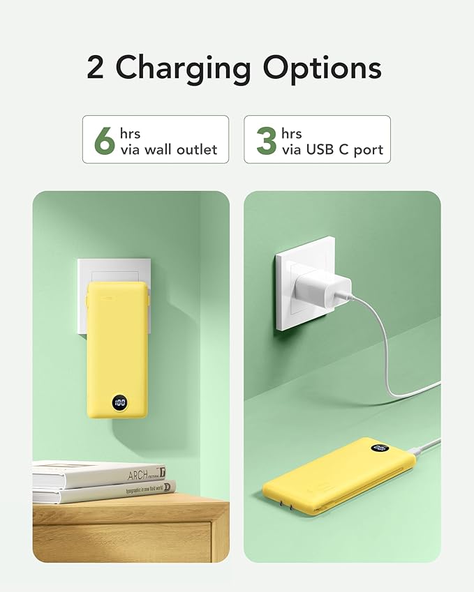 VRURC Portable Charger with Wall Plug, 10000mAh PD 20W Fast Charging Slim Portable Charger Built in Cables Power Bank with Cords,USB C Portable Phone Charger Travel Accessories -Yellow(1 Pack)