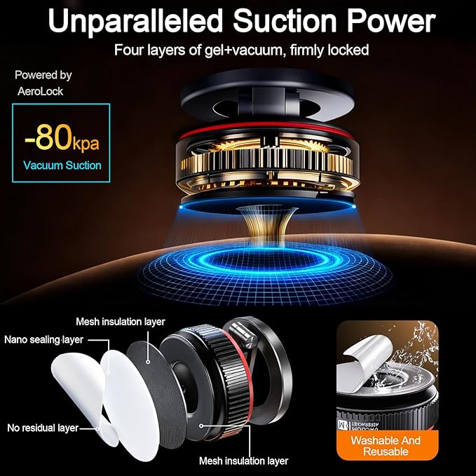 Magnetic Car Phone Mount, 120+ LB Vacuum Suction & 3000gf Magnetic Force, 360° Triple-Axis Adjustable Car Holder for iPhone & All Phones, Twist-Lock Suction Cup, Quick-Release – Black