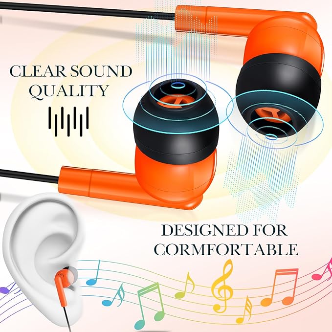 Kanayu 100 Pack Wired Earbuds Bulk for Classroom Ear Headphones Wired Basic Student Earbuds No Microphone with 3.5MM Jack for Class Laptop School Library, Individually Bagged (Orange)