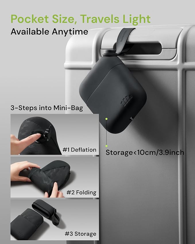 BENEUNDER Travel Neck Pillow for Airplane, Inflatable Compact 360°Head Support Pillow, Comfortable Breathable Cover for Travel, Train,Car with Storage Bag, Black