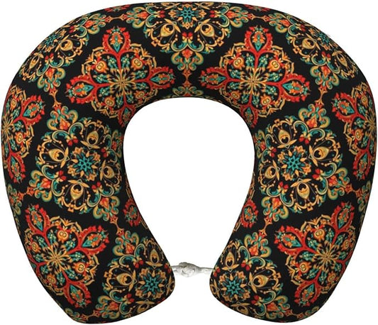 Support Neck Pillow for Youth Travel, Washable Airplane Chin Supporting and Relax U Shaped Pillows Paisley Bandana Print Cool Red Black
