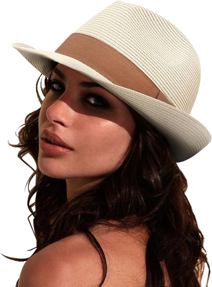 DRESHOW Women Straw Panama Hat Travel Fedora Beach Sun Hat Summer Wide Brim Straw Roll up Hat UPF 50+