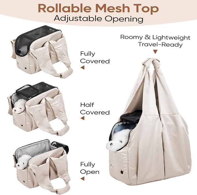 Dog Purse Carrier for Small Dogs, Cats, and Puppies – Soft-Sided Travel Pet Tote Bag with 4 Large Pockets, Foldable, Lightweight, Fits Pets up to 15 lbs, for Travel, Outings (Beige)