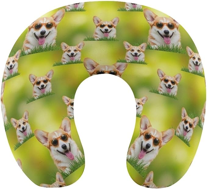 Breathable Memory Foam Travel Pillow U Shaped Chin Head Support Sunglasses Welsh Corgi Puppy, Removable Washable Cover for Airplane Car Office Pain Relief