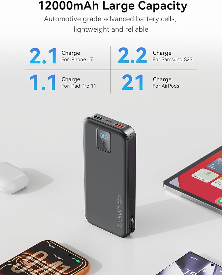 Portable Power Bank, 12000mAh 22.5W Fast Charging Phone Charger with Built-in Cables & Wall Plug, Travel Essential Battery Pack with LED Display, USB C Battery Charging Bank for iPhone, Samsung Black
