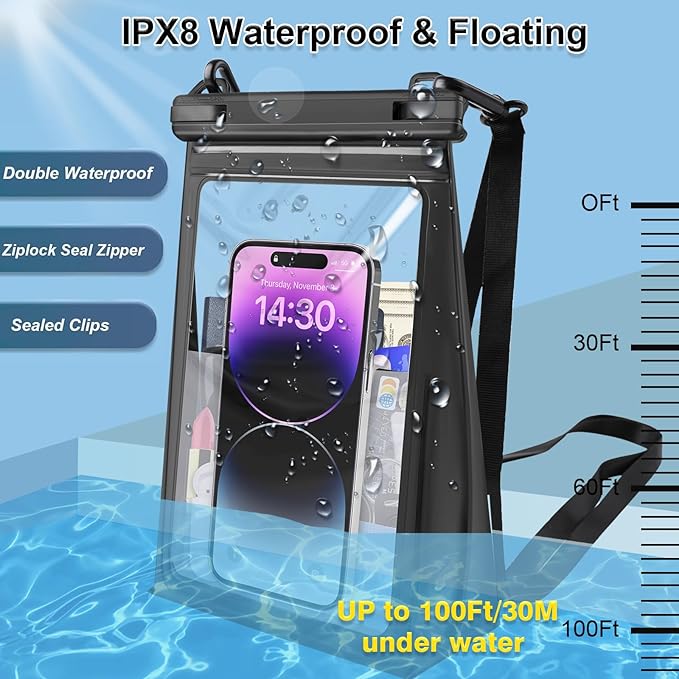 Large Waterproof Phone Pouch Floating, Waterproof Phone Case for iPhone 15 14 Pro Max 13 Plus 12 11 X XS XR Samsung S23 S22 up to 8.5'', Water Proof Phone Dry Bag for Swimming Kayaking Black