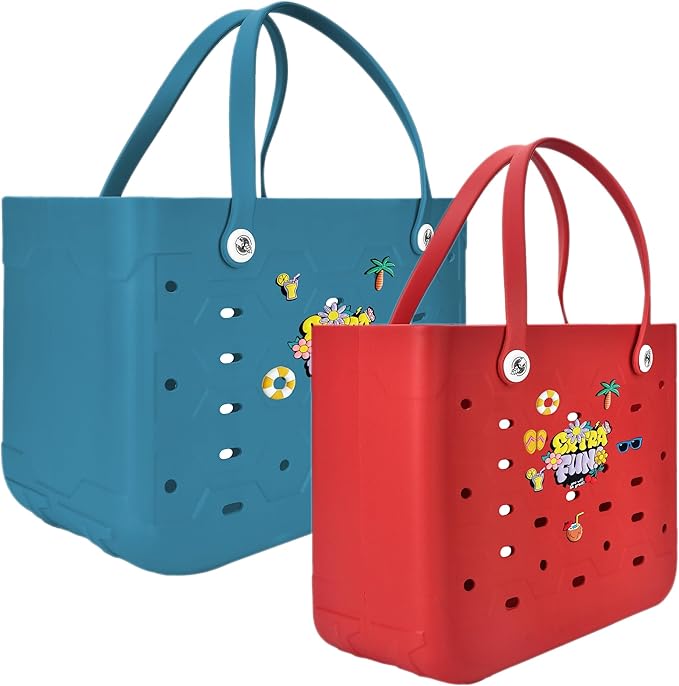 2-Piece Tote Bag Set, Waterproof Rubber Beach Bag with Summer Pattern, Medium & Large Handbag for Pool, Beach, Boat