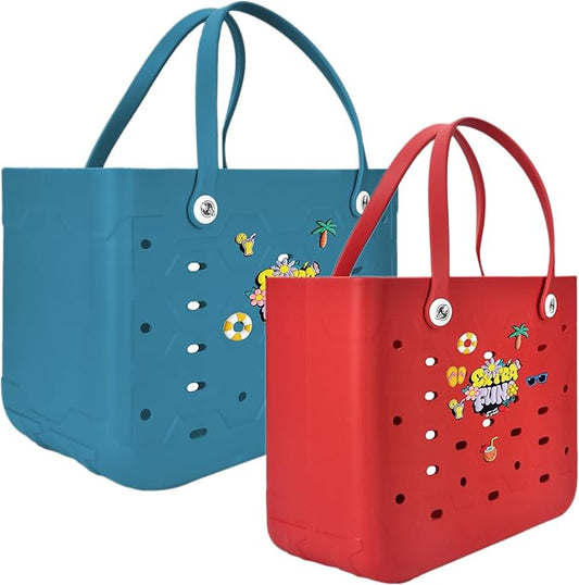 2-Piece Tote Bag Set, Waterproof Rubber Beach Bag with Summer Pattern, Medium & Large Handbag for Pool, Beach, Boat
