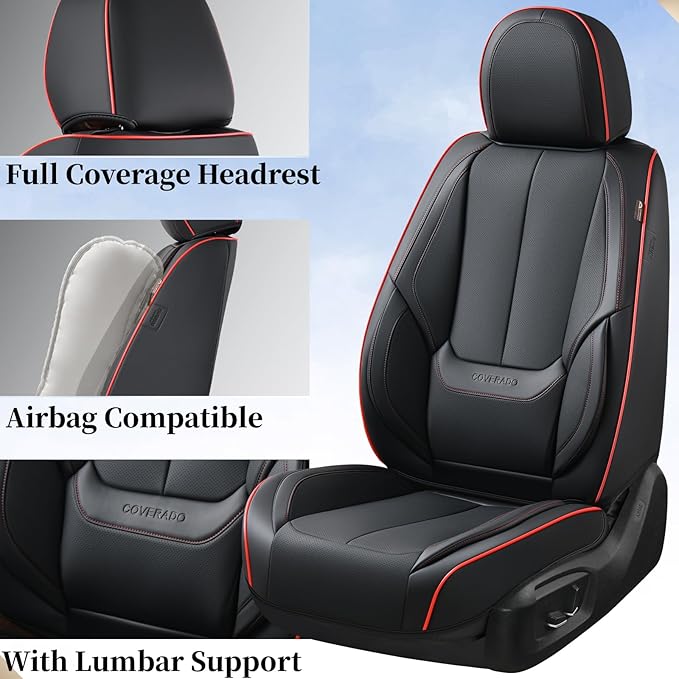 Coverado Car Seat Covers Full Set, Seat Covers for Cars, Black Car Seat Protector Waterproof, Nappa Leather Car Seat Cushion, Car Seat Covers Front Seats and Back Fit for Most Cars