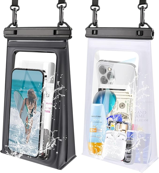 2 Pack Large Waterproof Phone Pouch, IPX8 Double Sealing Floating Waterproof Bag for iPhone 16 15 14 Pro Max Sumsang S25 S24 Google All Devices