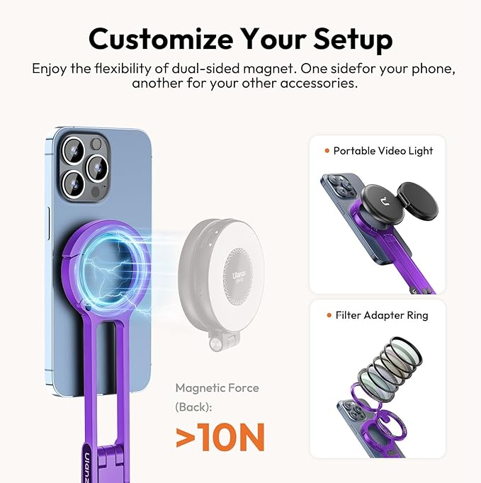 ULANZI MA30 Magnetic Phone Tripod Stand for iPhone-Aluminium Maglock Smartphone Mini Tripod Pocket Cell Phone Stand Strong Magnet Quick Mount Compatible with iPhone 17 16 15 14 13 12 Series, Purple
