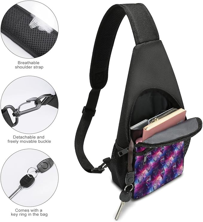 SWEET TANG Cool Sling Backpack for Men Women, Multipurpose Crossbody Shoulder Bag Dream Catcher Wolf Space Fantasy, Travel Hiking Zippered Daypack, Adjustable and Breathable