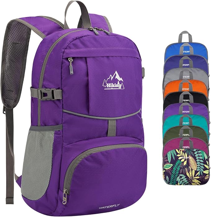 WATERFLY Hiking Packable Daypack Backpack: 25L Ultra Lightweight Day Pack for Woman Man - Small Compact Folding Back Pack for Outdoor Sport Cycling Camping Travel Trip - Purple